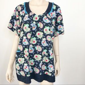 MARY ENGELBREIT Scrub Top Navy Blue Paisley Nurse